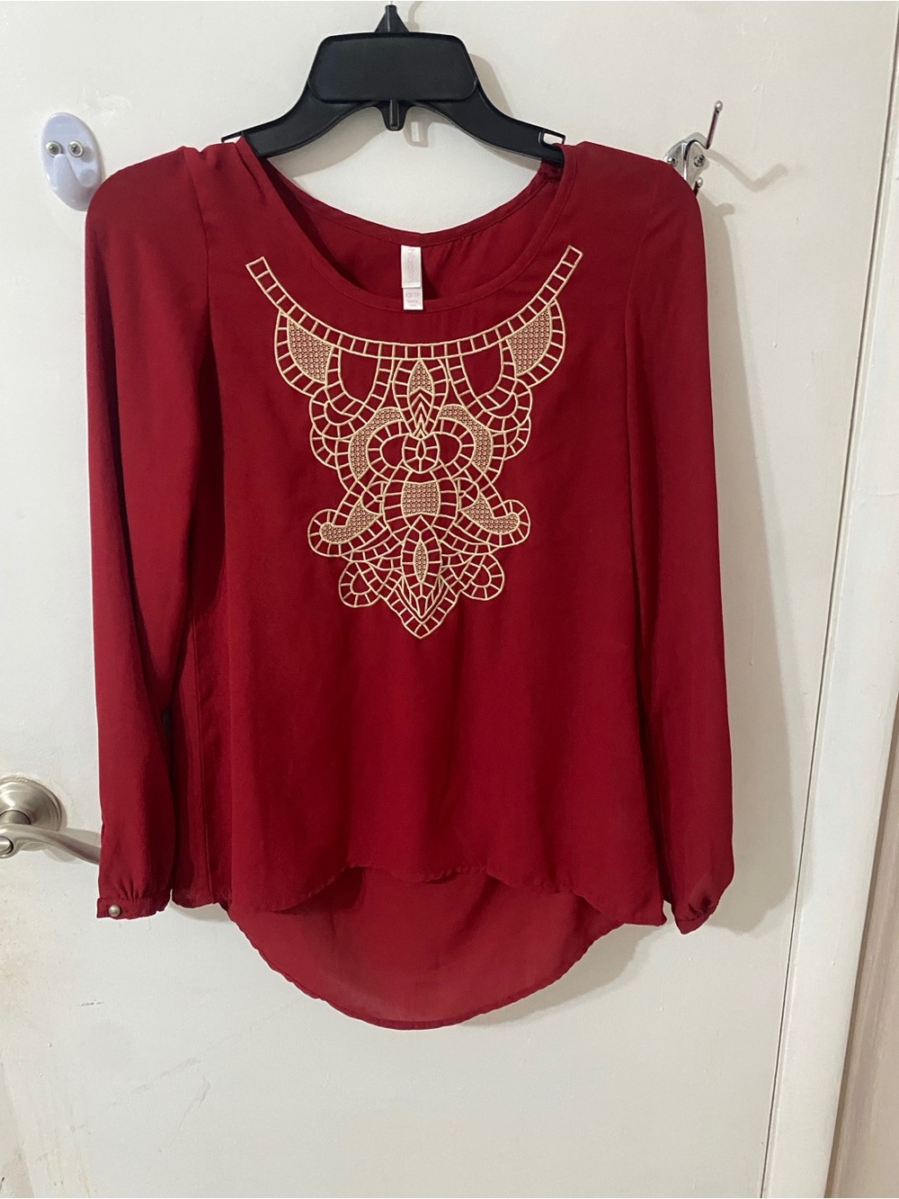 Xhilaration Red Long-Sleeve Blouse with Cream Lace Applique